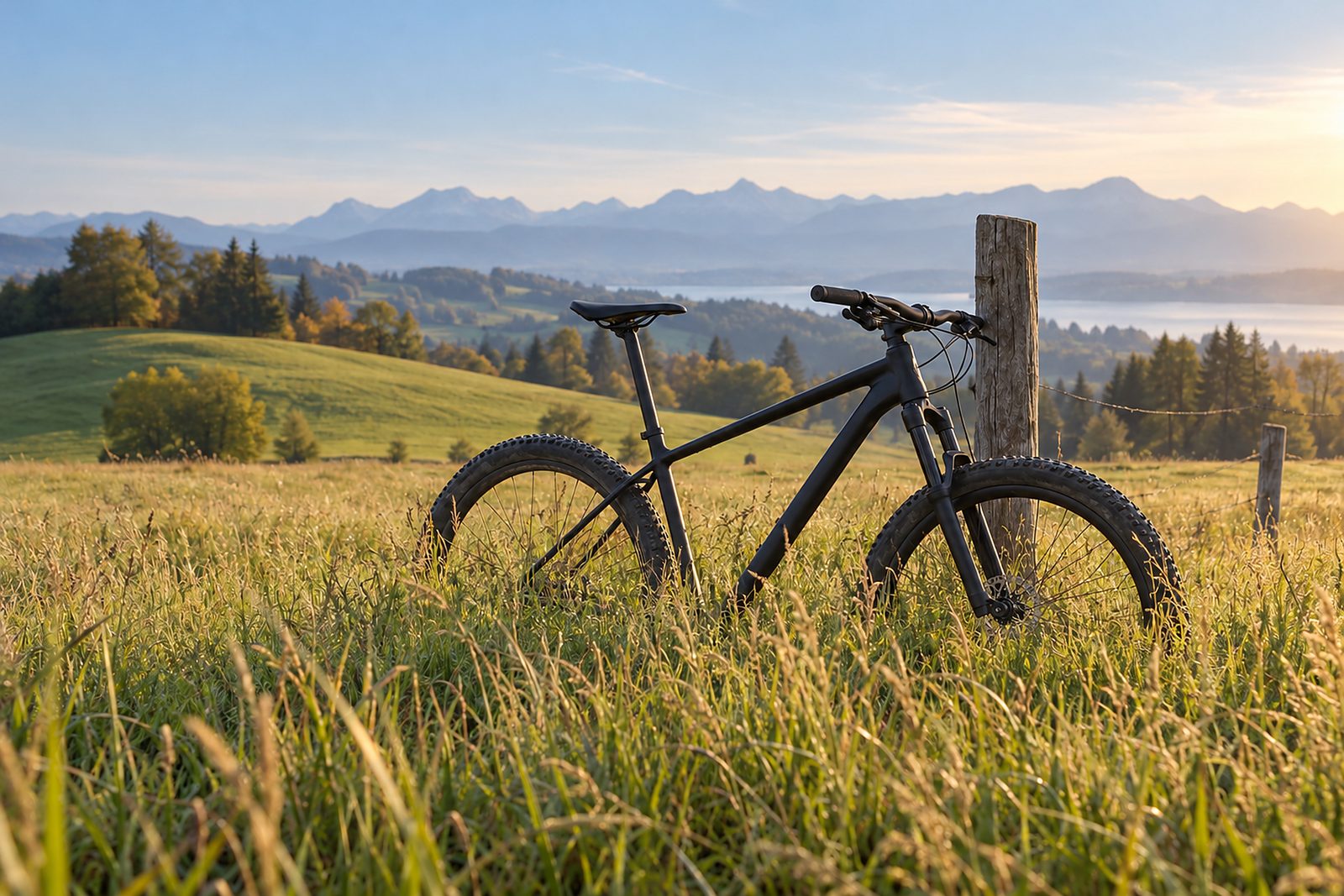 Mountainbike am Holzzaun am Wiesenrand, dahinter Hügel im Morgendunst