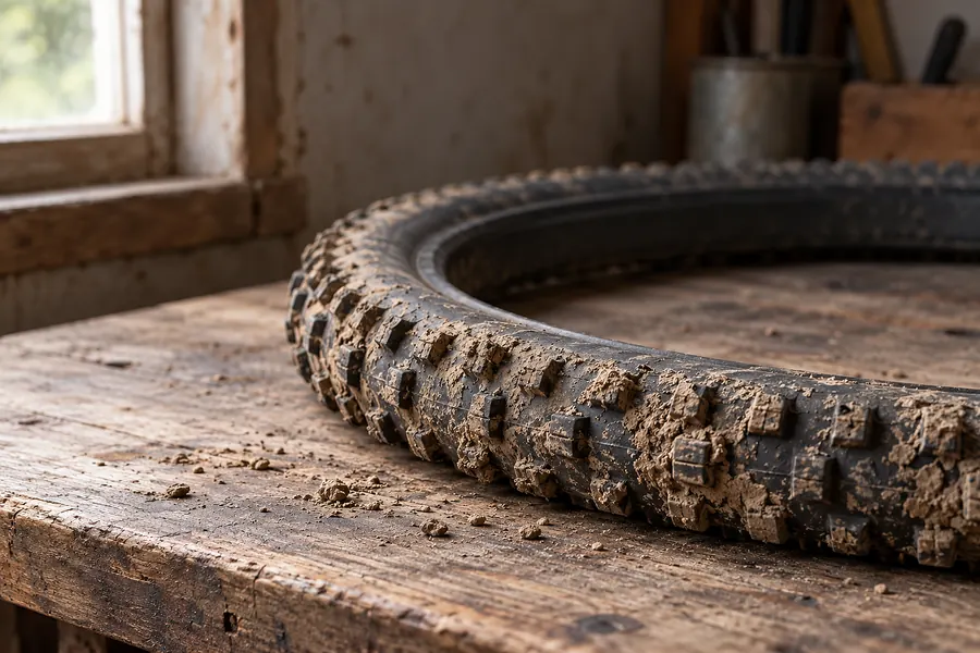Grobstolliger Mountainbike-Reifen mit getrocknetem Schlamm